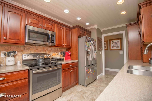 kitchen with tasteful backsplash, stainless steel appliances, crown molding, sink, and light tile patterned flooring