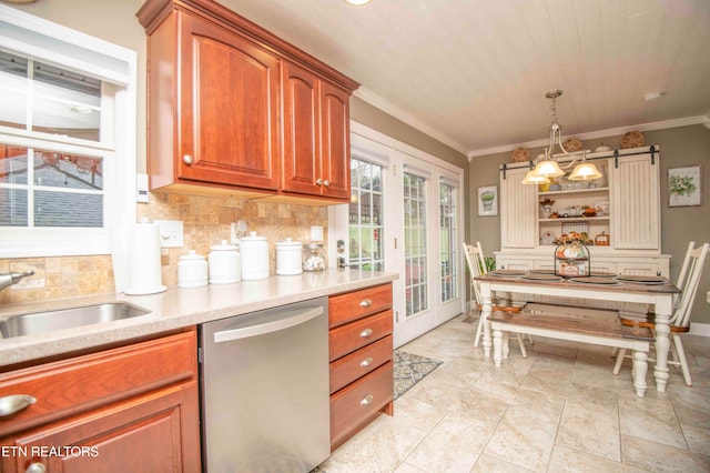 kitchen with pendant lighting, brown cabinets, tasteful backsplash, stainless steel dishwasher, and ornamental molding