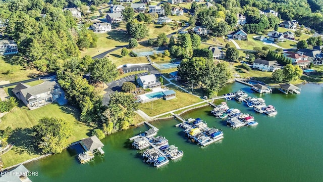 drone / aerial view featuring a water view