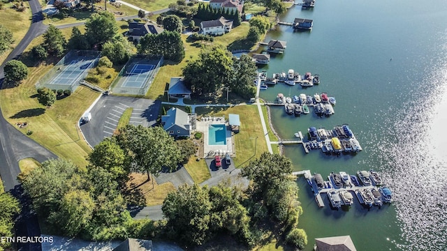 bird's eye view with a water view