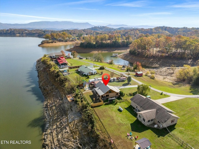 bird's eye view featuring a water and mountain view