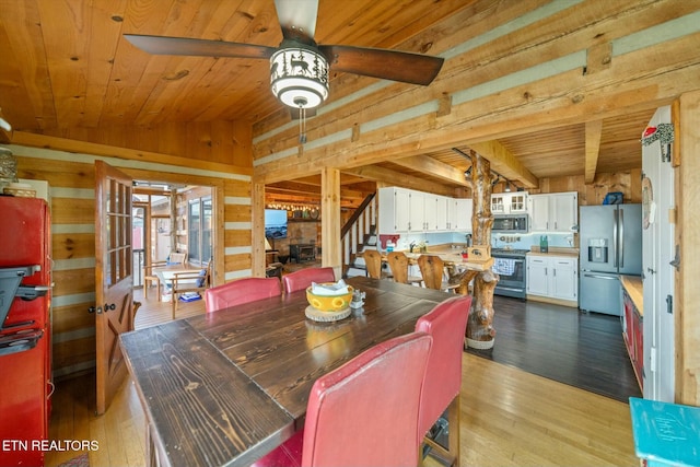 dining area with hardwood / wood-style floors, wooden ceiling, wooden walls, and vaulted ceiling