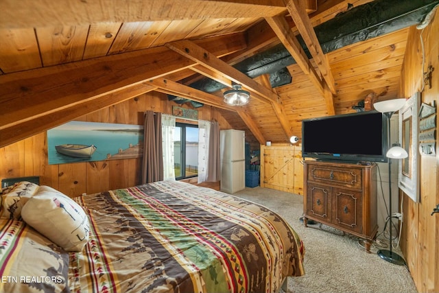 bedroom with lofted ceiling with beams, light colored carpet, wood ceiling, and wooden walls