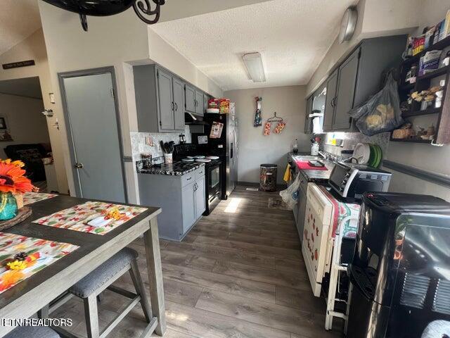 kitchen with gray cabinetry, lofted ceiling, backsplash, dark wood-type flooring, and stainless steel stove