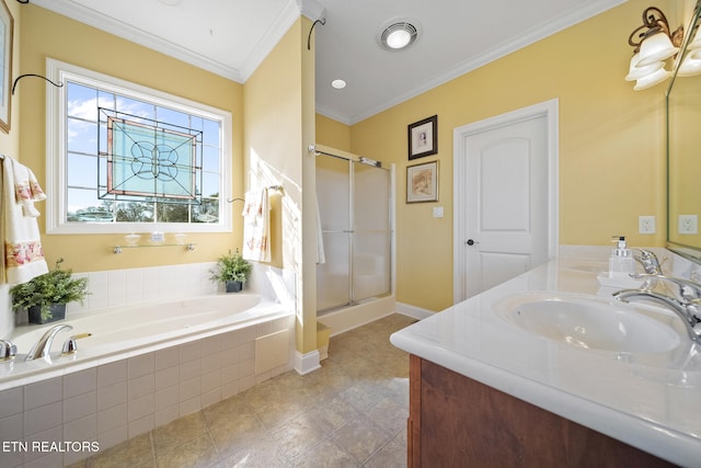 bathroom featuring vanity, ornamental molding, and shower with separate bathtub