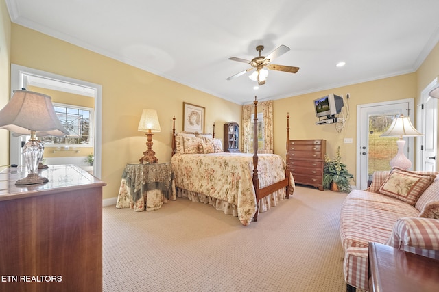 bedroom featuring ceiling fan, light colored carpet, and ornamental molding