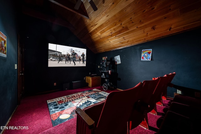 cinema room with ceiling fan, lofted ceiling, carpet floors, and wood ceiling