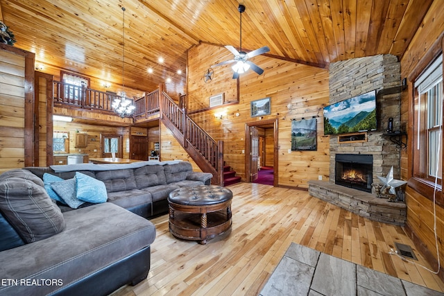 living room featuring ceiling fan, high vaulted ceiling, wood walls, wood ceiling, and hardwood / wood-style flooring