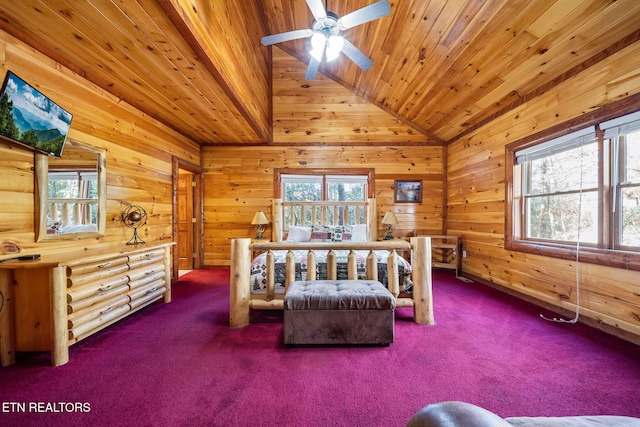 bedroom with multiple windows, wooden walls, and wood ceiling