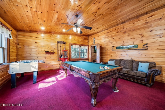 rec room with ceiling fan, pool table, wooden ceiling, lofted ceiling, and wood walls