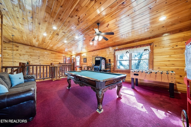 playroom with pool table, wooden walls, lofted ceiling, and wood ceiling