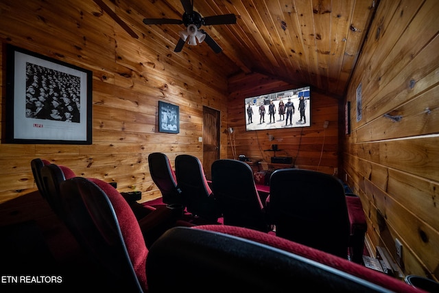 home theater room with wooden walls, ceiling fan, wood ceiling, and lofted ceiling