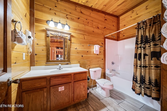 full bathroom with shower / bath combination with curtain, vanity, wooden walls, wood-type flooring, and wooden ceiling