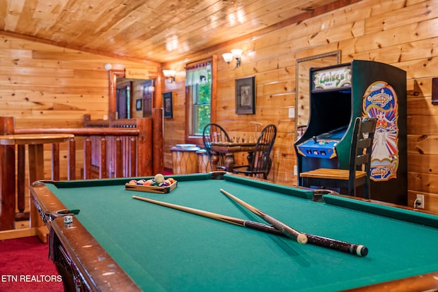 game room with lofted ceiling, wooden ceiling, and pool table