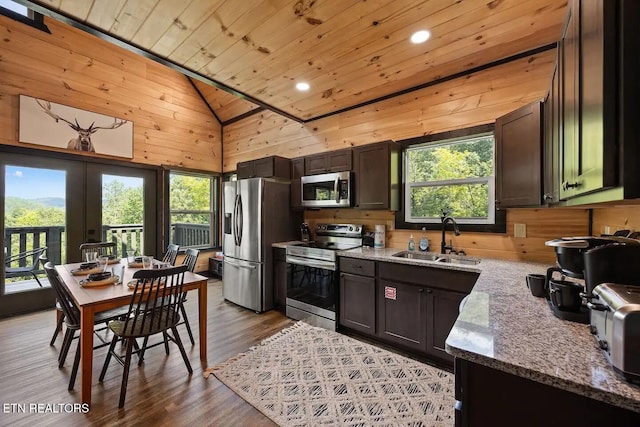 kitchen with wood walls, a healthy amount of sunlight, light stone countertops, and appliances with stainless steel finishes