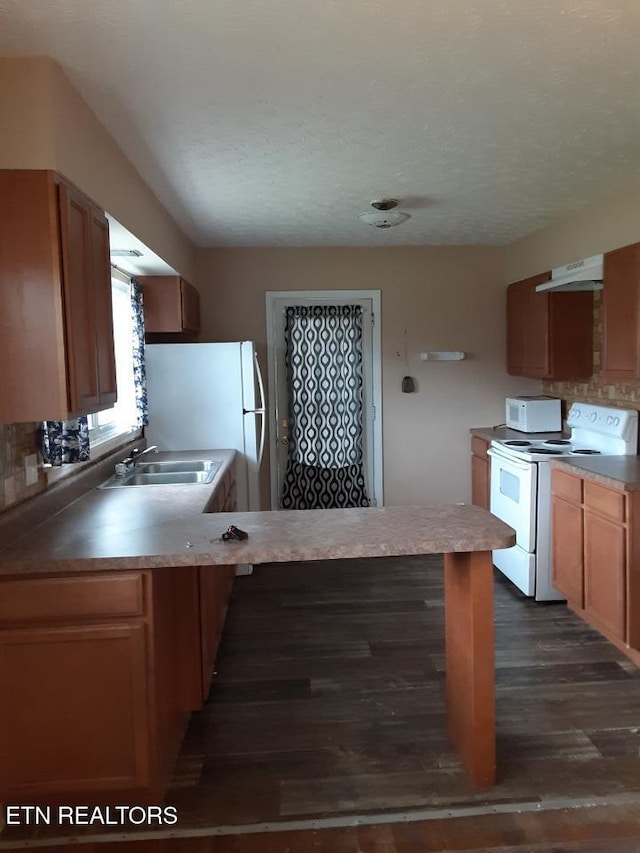 1005 Hollywood Dr, Middlesboro, KY 40965 - kitchen featuring sink, a textured ceiling, dark hardwood / wood-style floors, kitchen peninsula, and white appliances