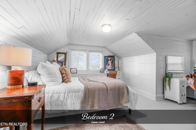 bedroom featuring wooden walls, lofted ceiling, and wood ceiling