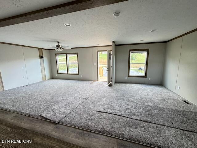 unfurnished living room with ceiling fan, a healthy amount of sunlight, and a textured ceiling