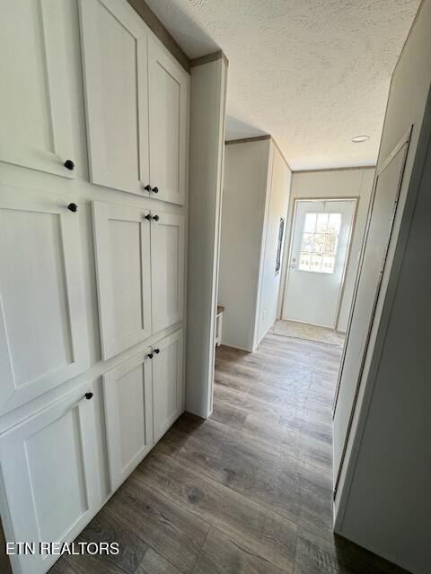 corridor with dark hardwood / wood-style flooring and a textured ceiling