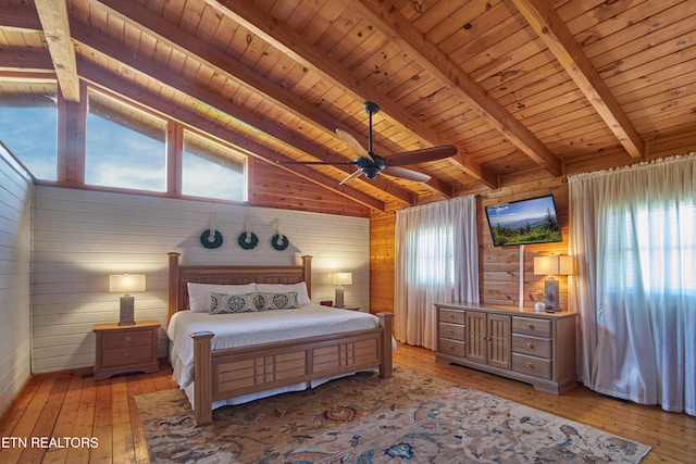 bedroom with light wood-type flooring, wood ceiling, ceiling fan, wooden walls, and vaulted ceiling with beams