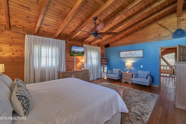 bedroom featuring wood walls, wooden ceiling, lofted ceiling with beams, ceiling fan, and dark hardwood / wood-style flooring