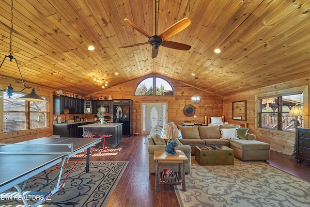 living room featuring wooden ceiling, dark wood-type flooring, wooden walls, and vaulted ceiling