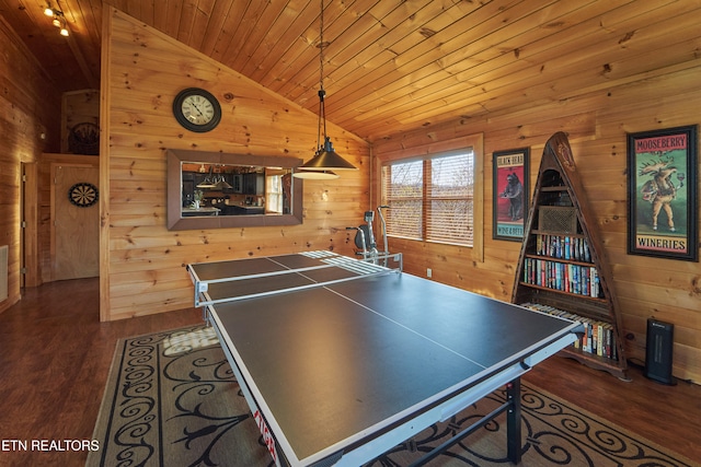 rec room featuring dark hardwood / wood-style flooring, high vaulted ceiling, wood walls, and wood ceiling