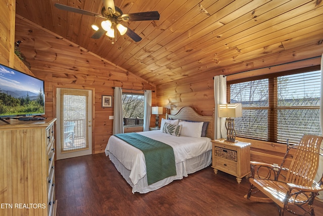 bedroom with wood ceiling, access to outside, ceiling fan, dark wood-type flooring, and wood walls