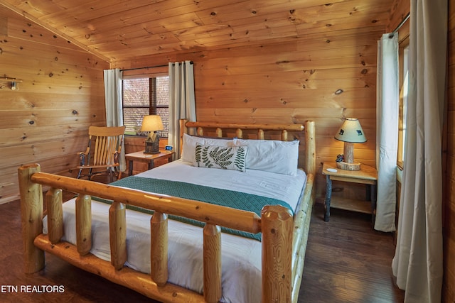 bedroom featuring dark hardwood / wood-style flooring, wooden ceiling, lofted ceiling, and wood walls