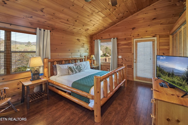 bedroom featuring ceiling fan, dark wood-type flooring, vaulted ceiling, wooden walls, and wood ceiling