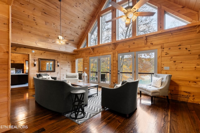 living room featuring dark wood-type flooring, ceiling fan, wood walls, high vaulted ceiling, and wooden ceiling