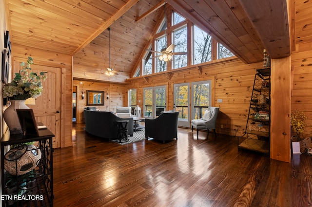 living room featuring wood-type flooring, wooden ceiling, high vaulted ceiling, and ceiling fan