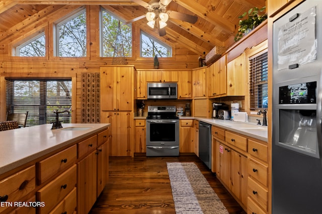 kitchen with sink, beamed ceiling, high vaulted ceiling, and appliances with stainless steel finishes