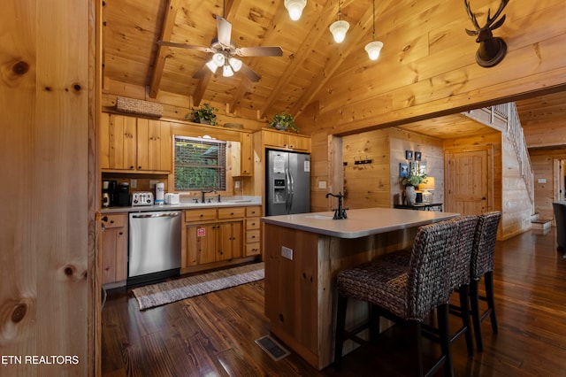 kitchen featuring a center island, wood ceiling, stainless steel appliances, dark hardwood / wood-style floors, and wood walls