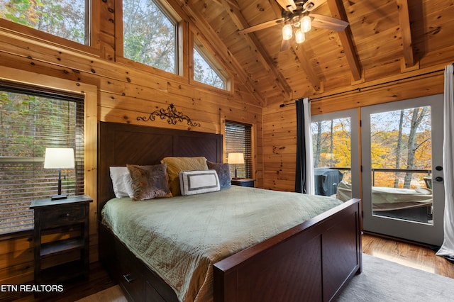 bedroom featuring wooden walls, beamed ceiling, ceiling fan, and wood ceiling