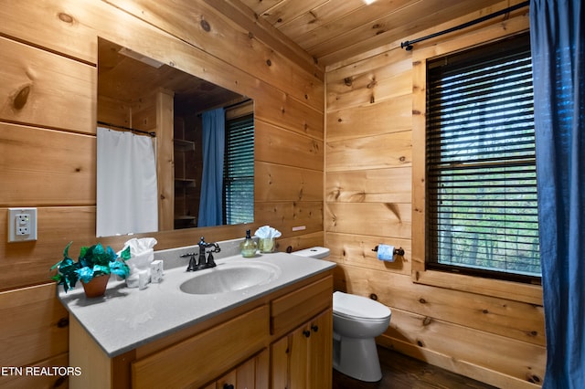 bathroom featuring vanity, toilet, wooden walls, and wooden ceiling