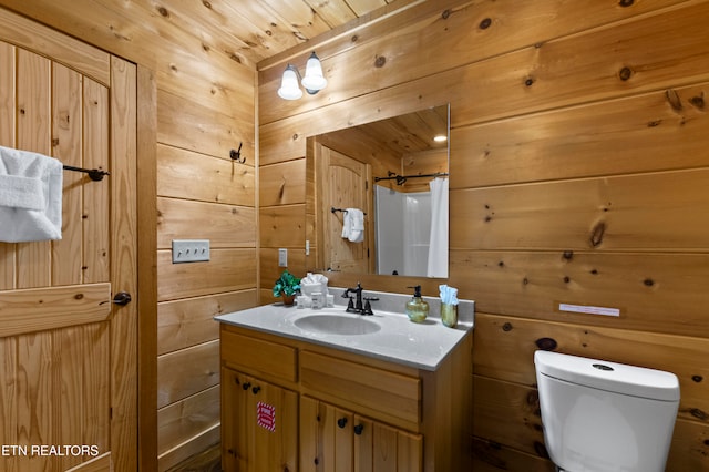 bathroom featuring wood ceiling, a shower with curtain, toilet, vanity, and wood walls