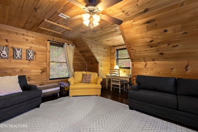 living room featuring ceiling fan, wooden ceiling, wood walls, and vaulted ceiling