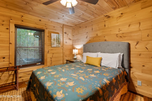 bedroom with wood ceiling, ceiling fan, and wooden walls