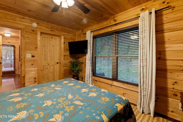 bedroom featuring ceiling fan, wooden walls, and wooden ceiling