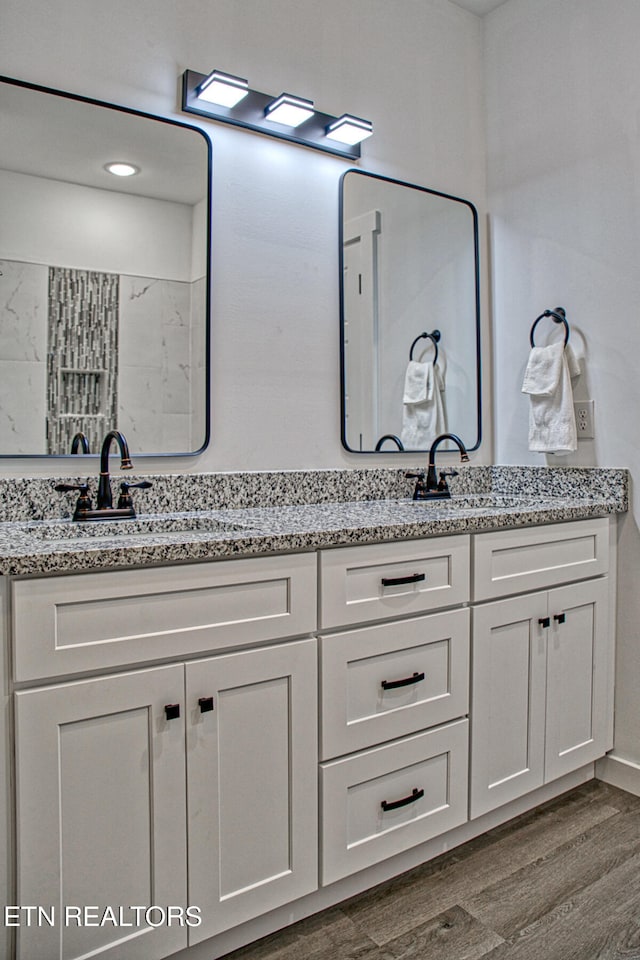 bathroom with hardwood / wood-style flooring and vanity