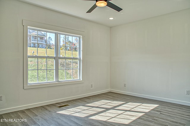 unfurnished room with wood-type flooring, plenty of natural light, and ceiling fan