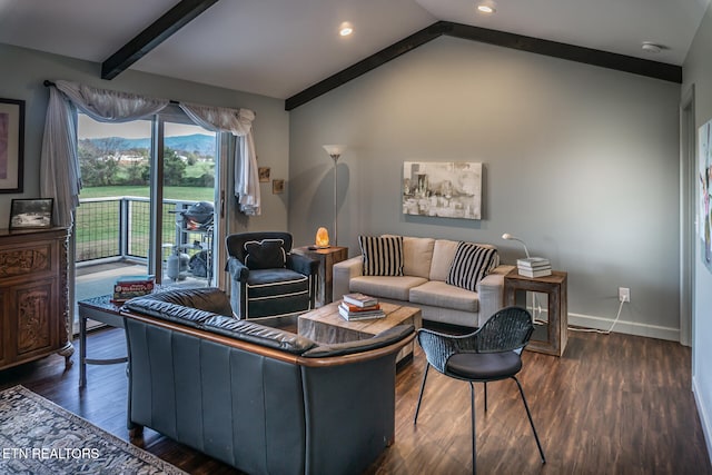 living room featuring lofted ceiling with beams and dark hardwood / wood-style floors