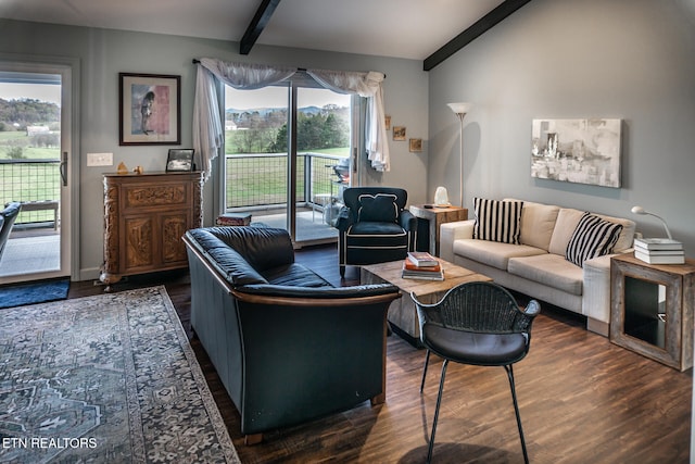 living room with vaulted ceiling with beams and dark hardwood / wood-style flooring