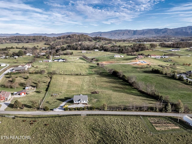 birds eye view of property featuring a mountain view and a rural view