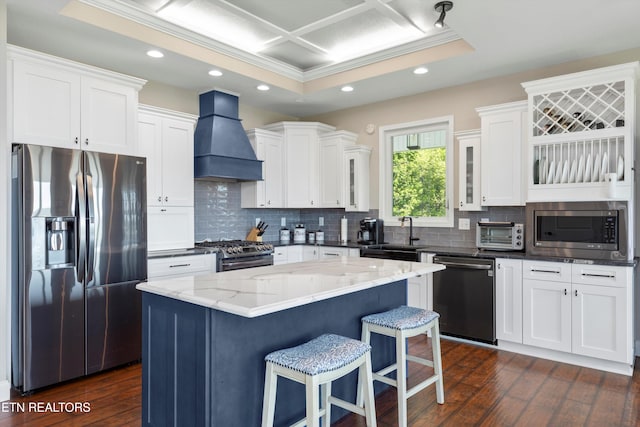 kitchen featuring white cabinetry, dark hardwood / wood-style floors, a kitchen island, custom range hood, and appliances with stainless steel finishes