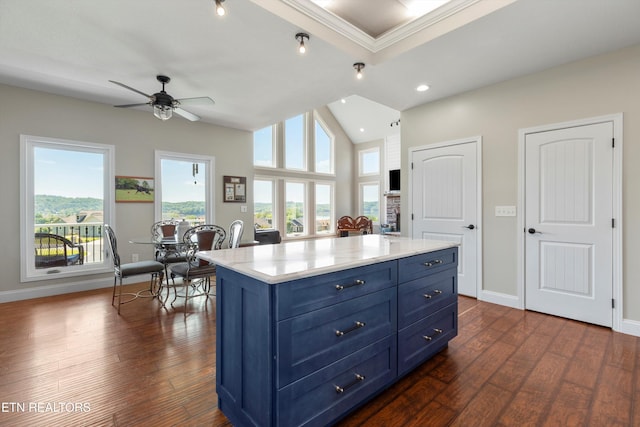 kitchen with blue cabinetry, a center island, ceiling fan, and dark wood-type flooring