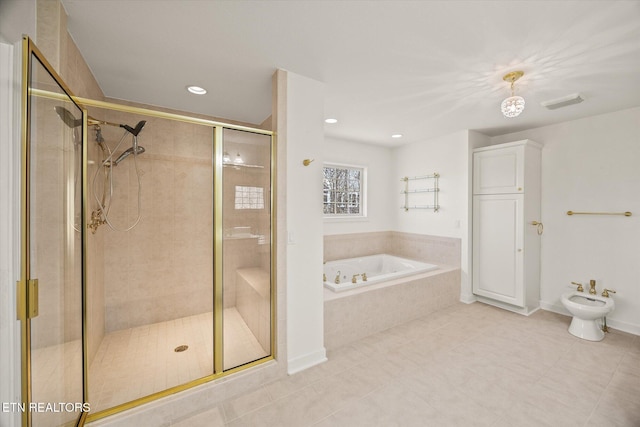 full bath with baseboards, a garden tub, a shower stall, a bidet, and recessed lighting