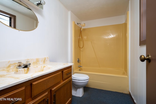 full bathroom featuring vanity, shower / bath combination, a textured ceiling, and toilet