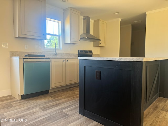 kitchen with white cabinetry, wall chimney exhaust hood, and stainless steel dishwasher